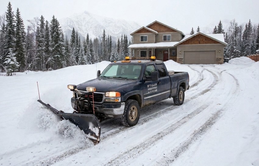 Plow truck clearing a snowy driveway